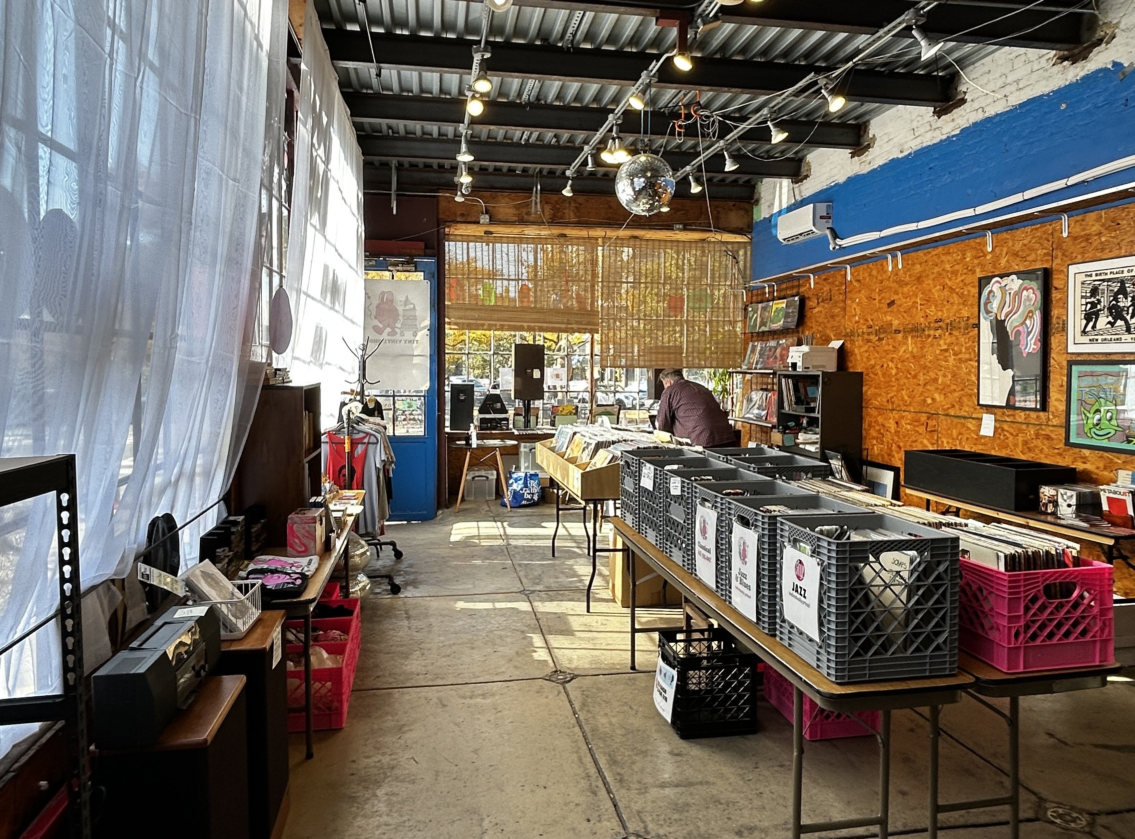 Vinyl record crates inside the Tiny Vinyl Shop