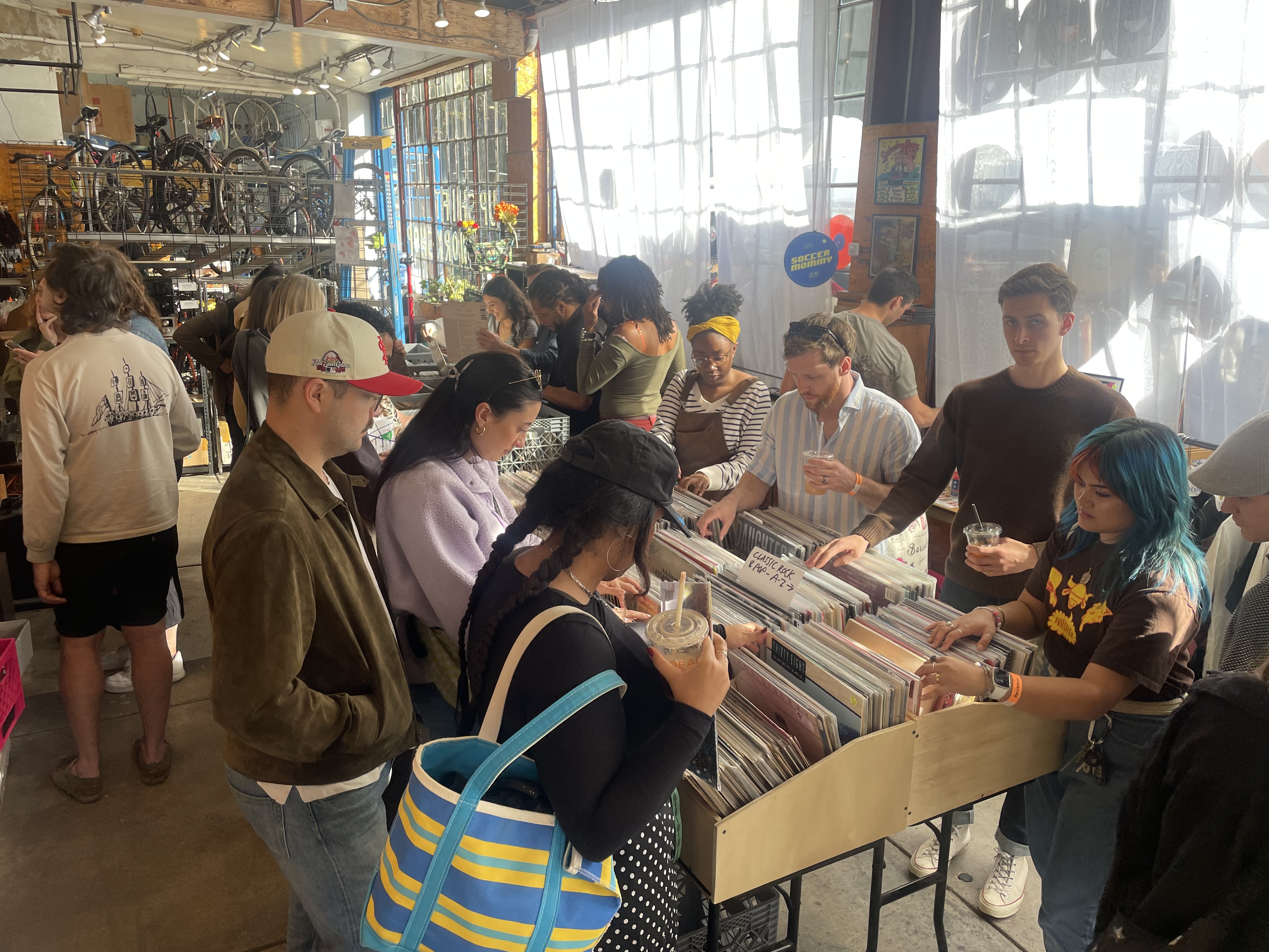 Vinyl record crates and browsing area